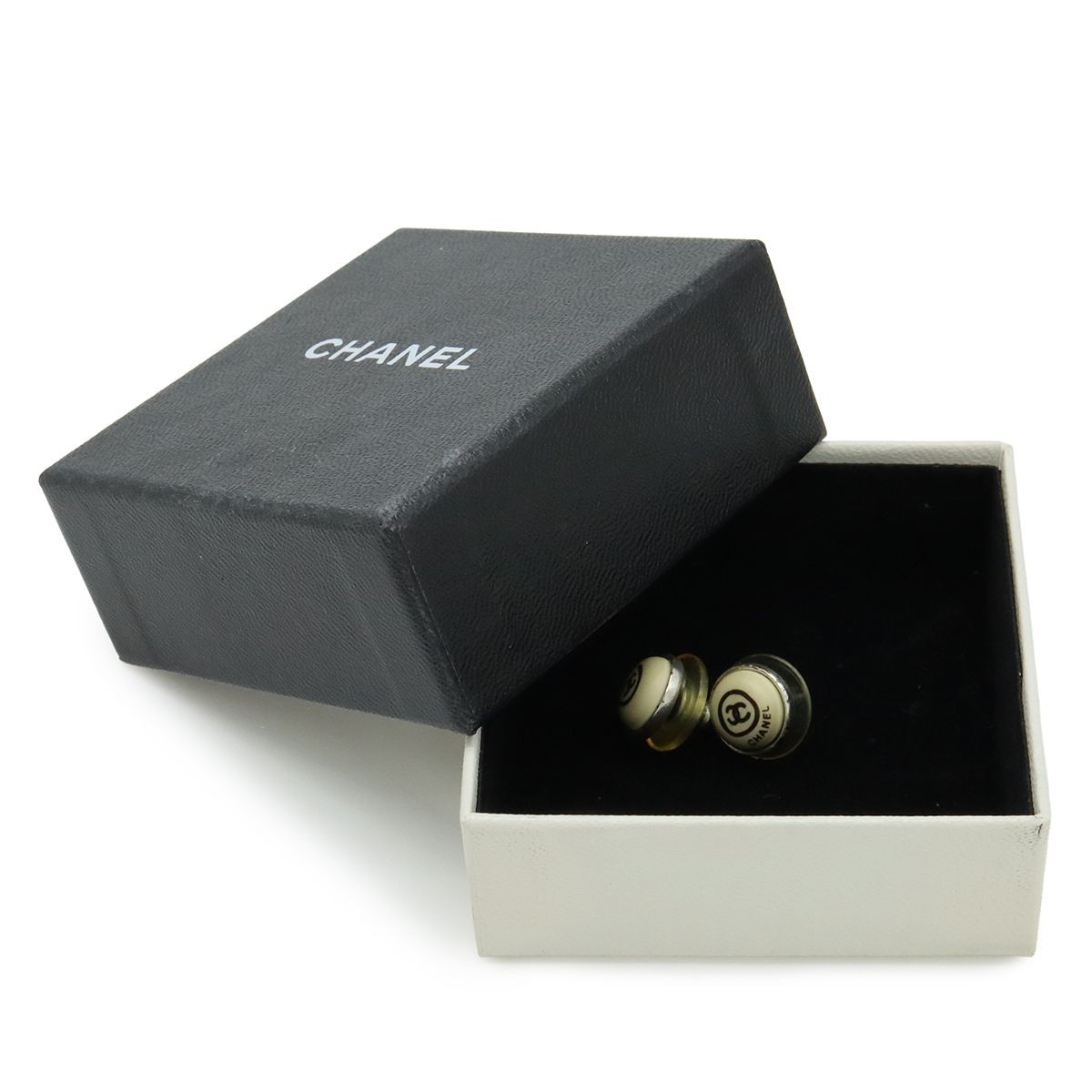 CHANEL COCO MARK ROUND EARRINGS BEIGE SILVER PLASTIC METAL 00T