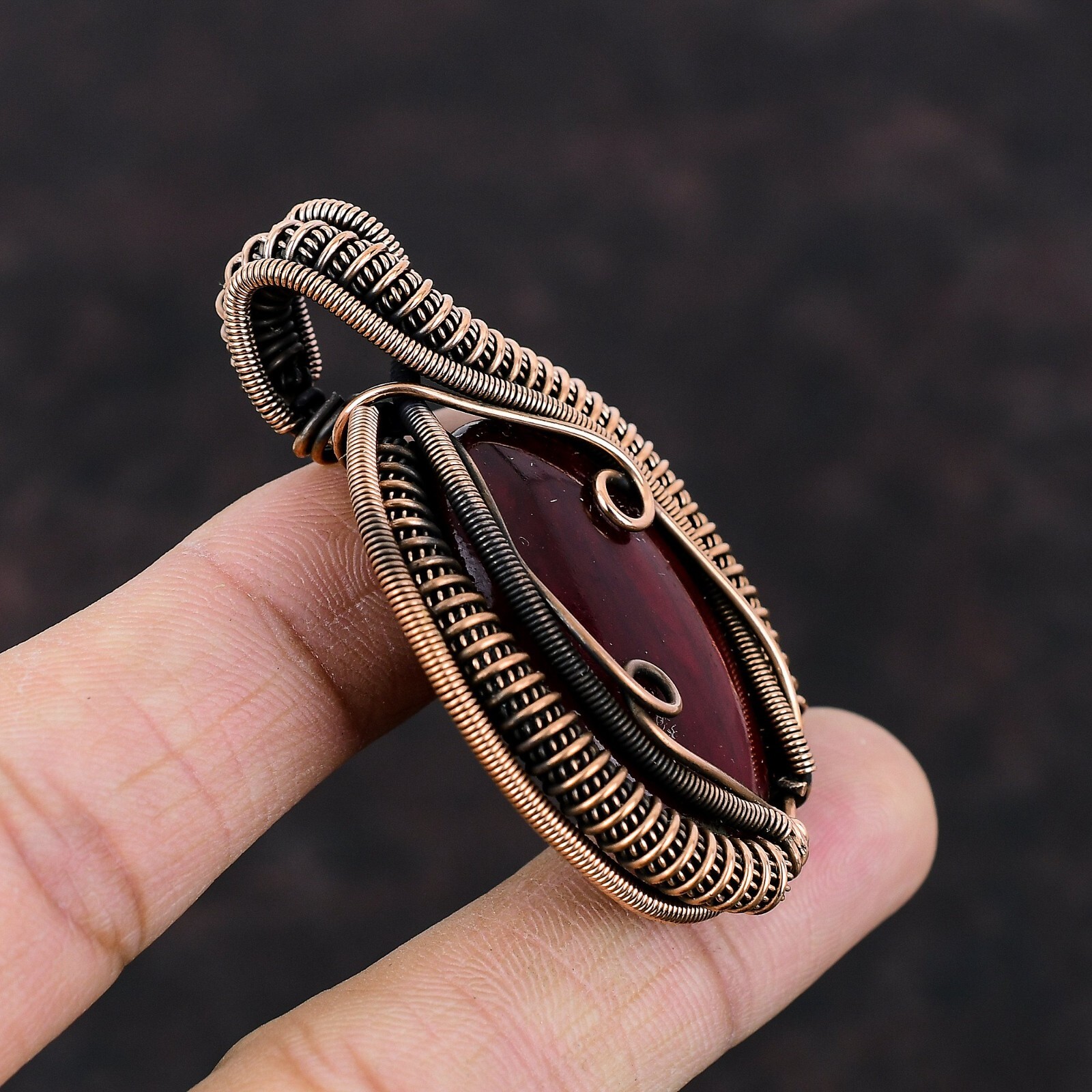 Red Fire Labradorite Wire Wrapped Pendant Handcrafted Copper Dailywear 2.28″