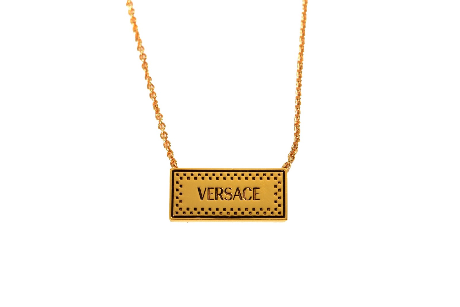 Versace Gold Color Metal Logo Engraved Necklace