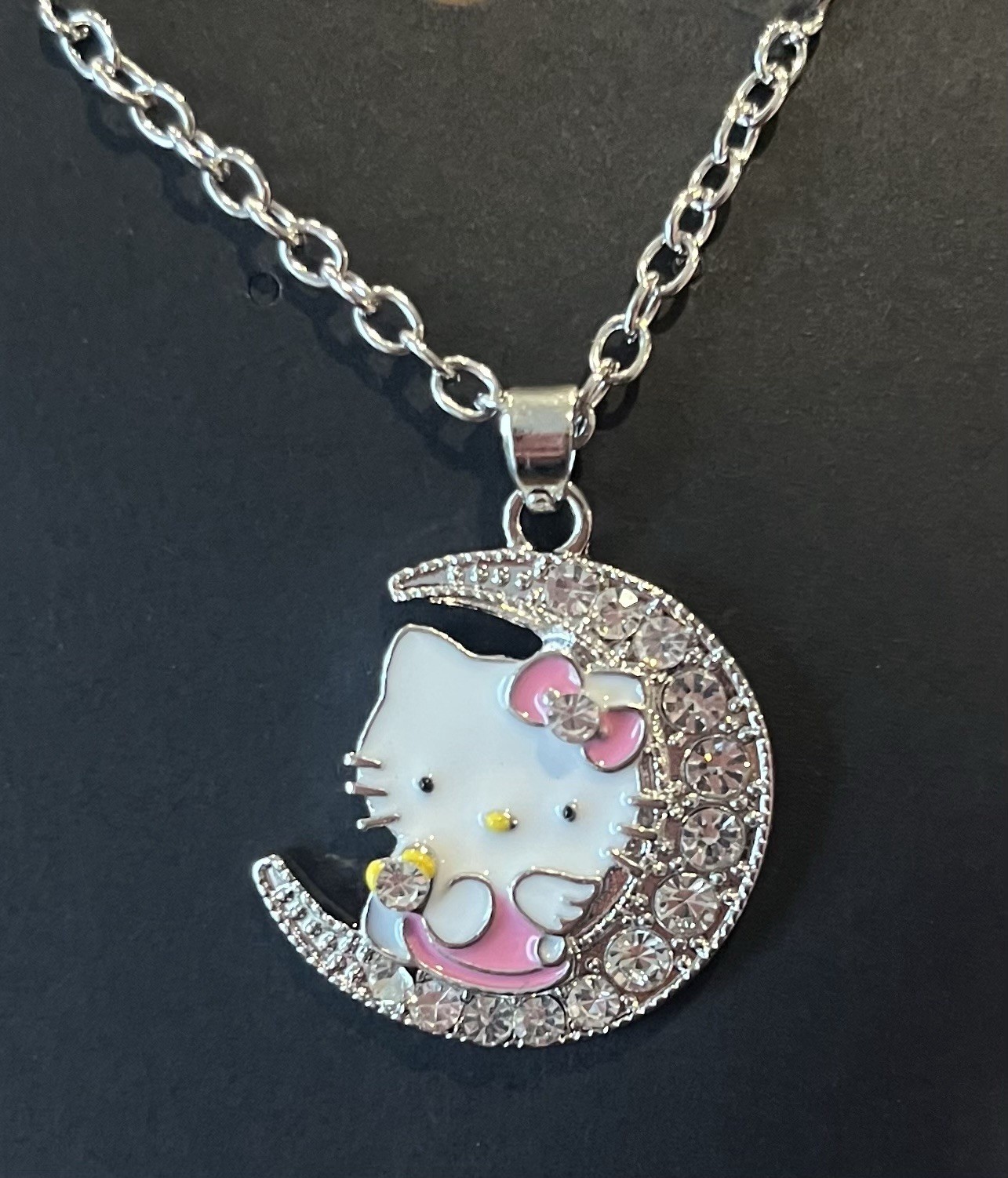 Hello Kitty Moon Charm Pendant Necklace Silver Cable Chain