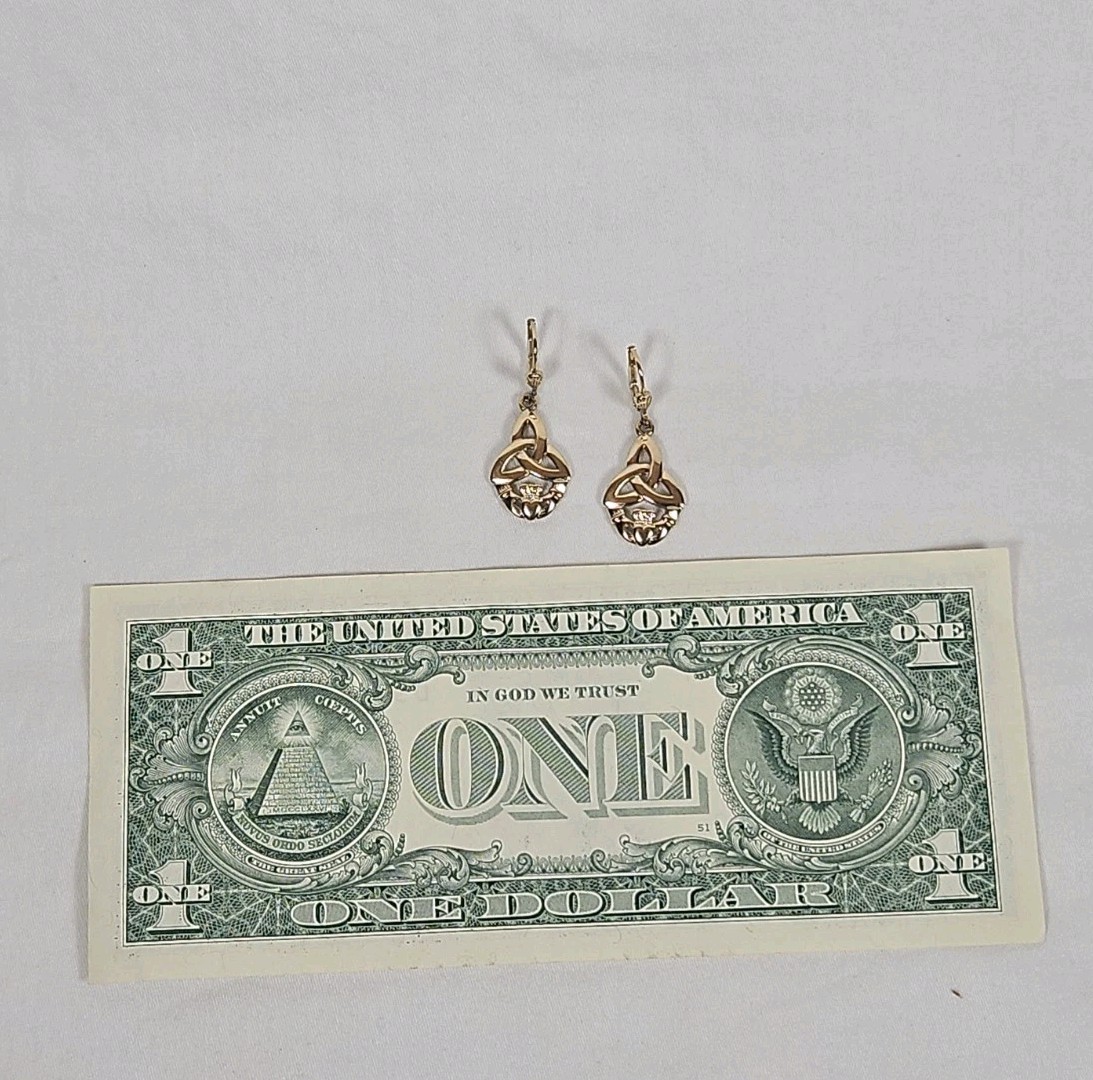 Triquetra Claddagh Earrings Celtic Dangle Drops Pierced Gold tone Signed Soldor