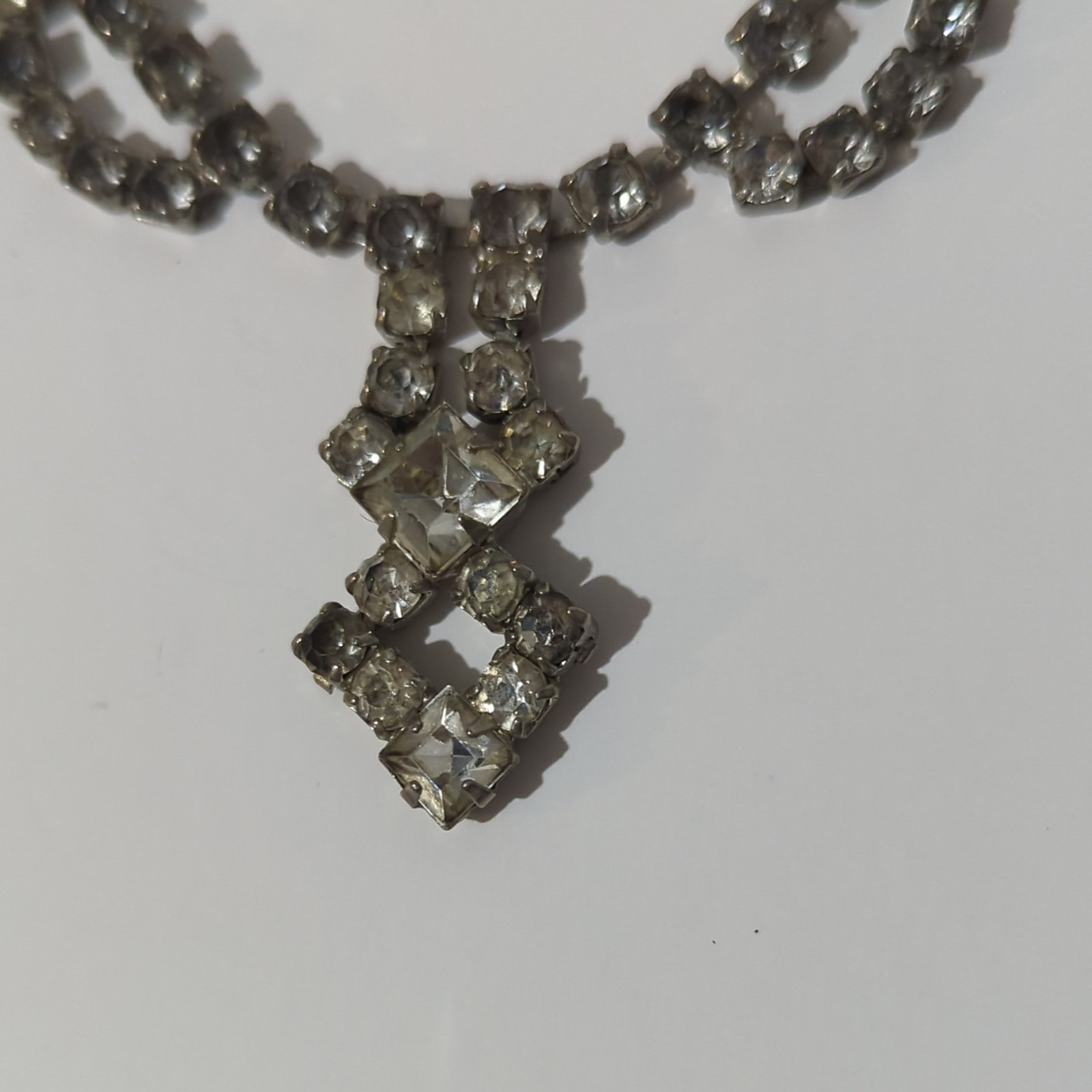 Vintage Art Deco Rhinestone Choker Necklace Silver Tone Geometric Drop Patina