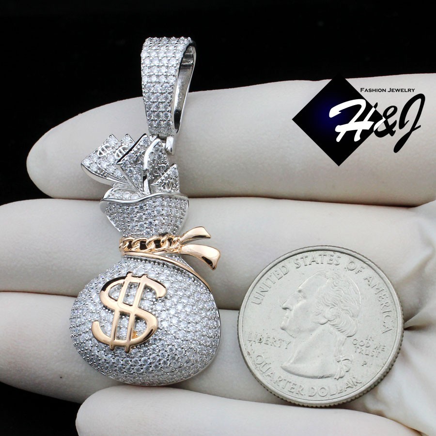 MEN SOLID 925 STERLING SILVER ICY MOISSANITE 3D $ SIGN MONEY BAG PENDANT*MRGP561