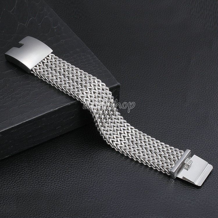 Men’s Heavy Wide Meshed Curb Link Franco Chain Sliver Stainless Steel Bracelet