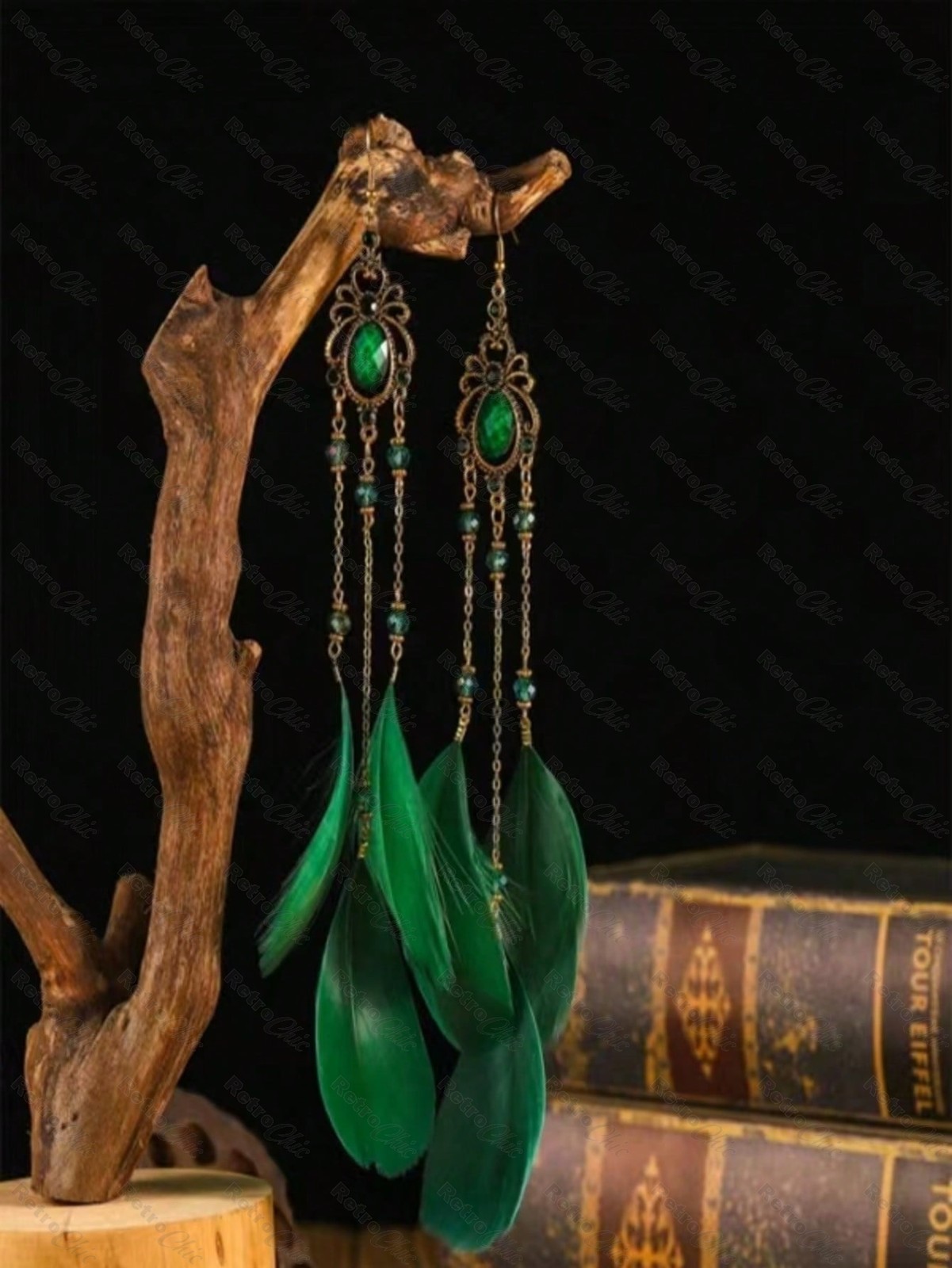 20cm very long OVERSIZE EARRINGS feathers hoop feather GREEN/VTG GOLD statement