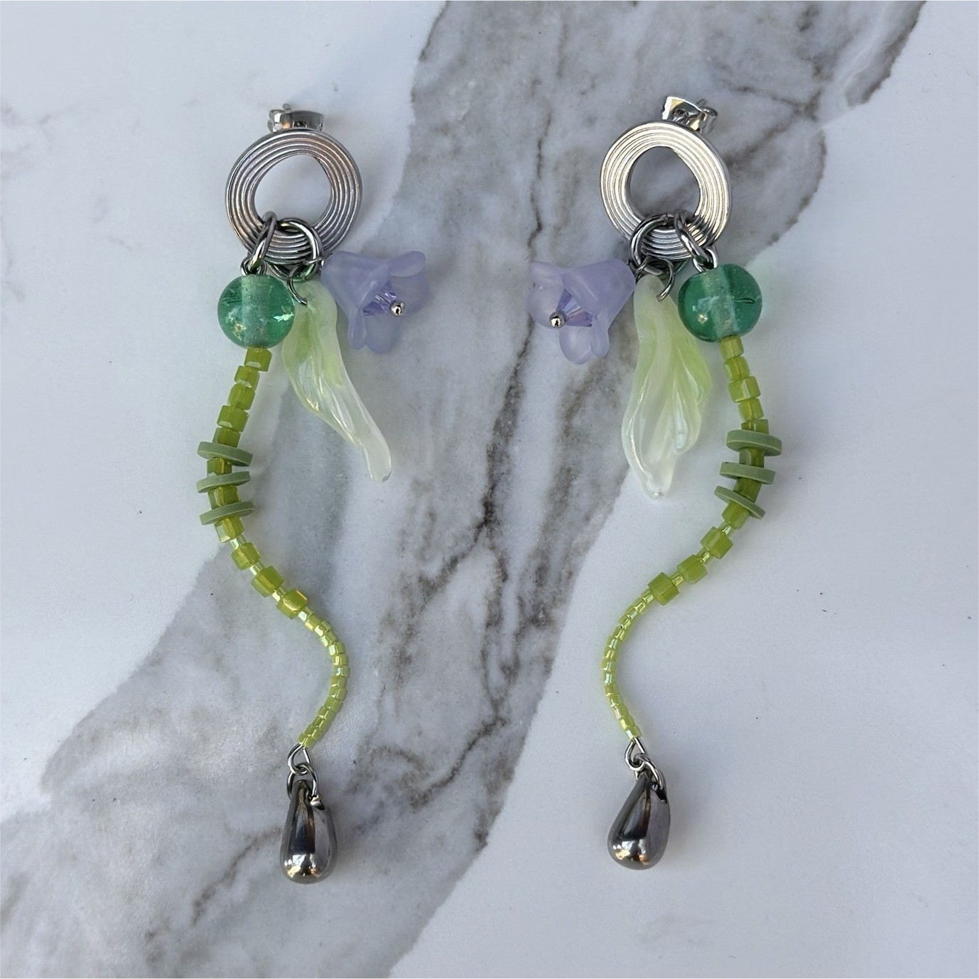 Green Purple Glass Beaded Dangle Drop Earrings, Steel Spiral Stud