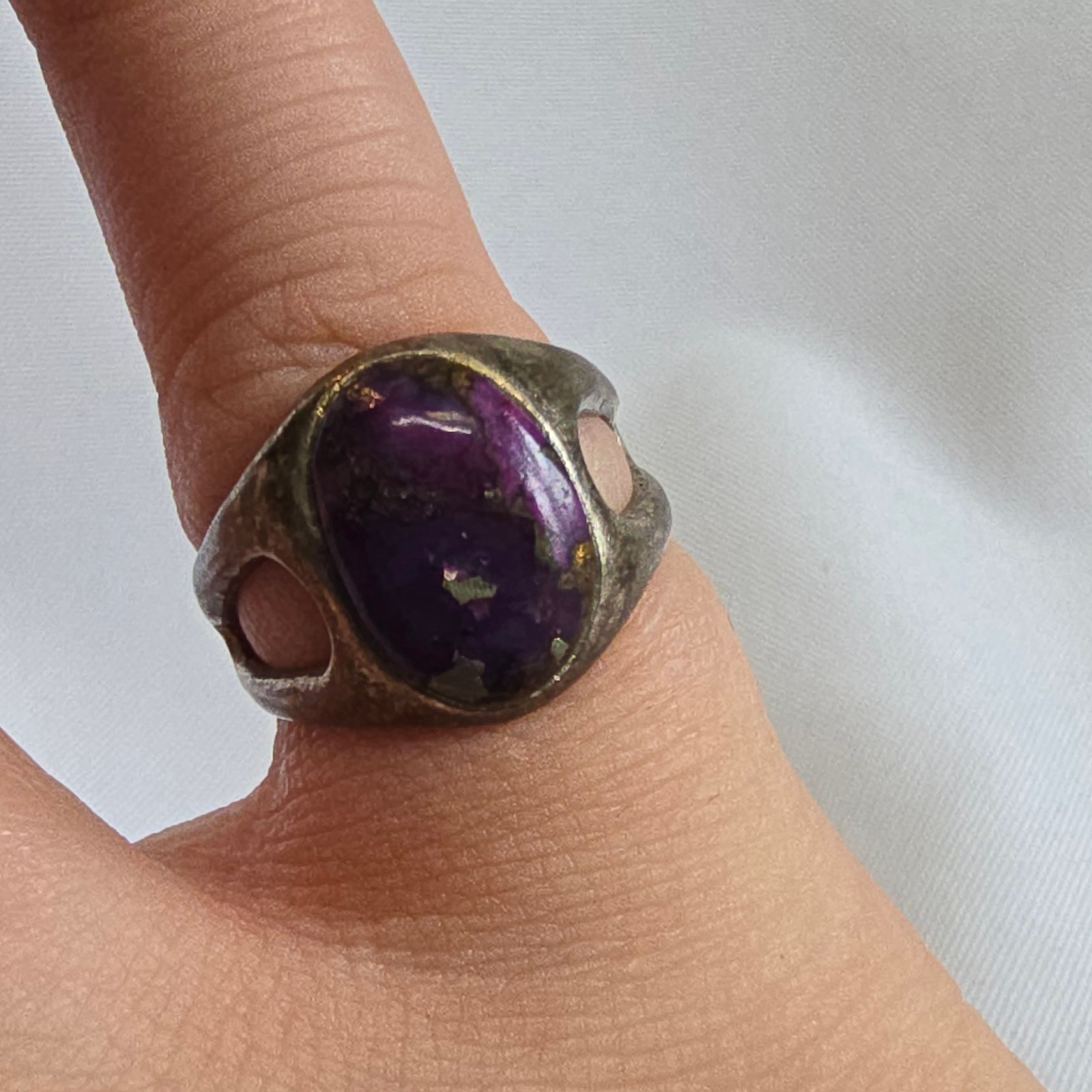 Sterling Silver Ring 5.92g Fine Jewelry Sz 7.5 Band Marbled Purple Stone *READ*