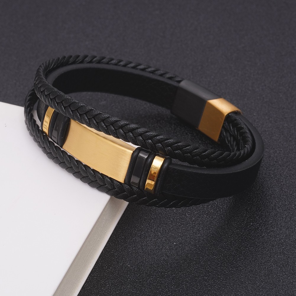 Men Multi Layer Braided Leather Bracelet Silver Gold Black Stainless Steel Clasp