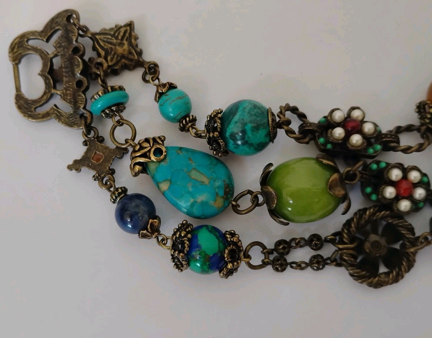 Sweet Romance USA Boho Multi Simulated Stone 3 Strand Floral Bracelet Pristine