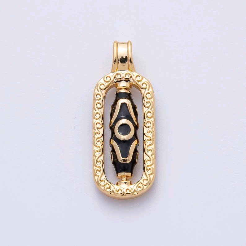 18k Gold Filled Black Enamel Tibetan Dzi Bead Drop Pendant, Ethnic Protective St