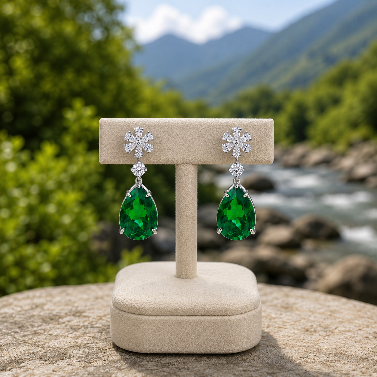 2.50 Ct Pear Cut Natural Emerald & Diamond 18K Solid White Gold Weeding Stud