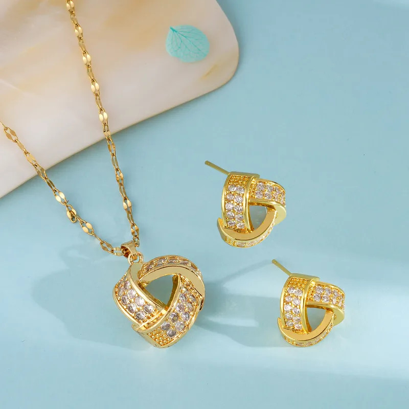 Gold Knot Necklace and Earrings Set for Women, 304 Stainless Steel, CZ Crystal J