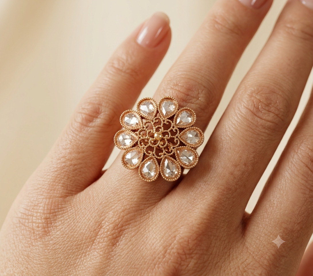 Ayesha Floral Polki Blossom With Kundan Stones Statement Ring Roz Jewellers.