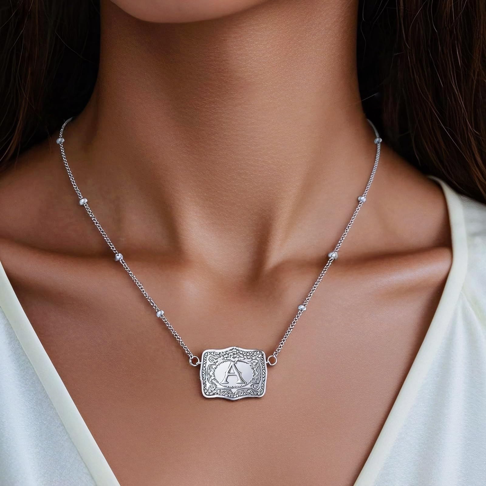 Mini Belt Buckle Necklace with Initial, Personalized Pendant Necklace Western…