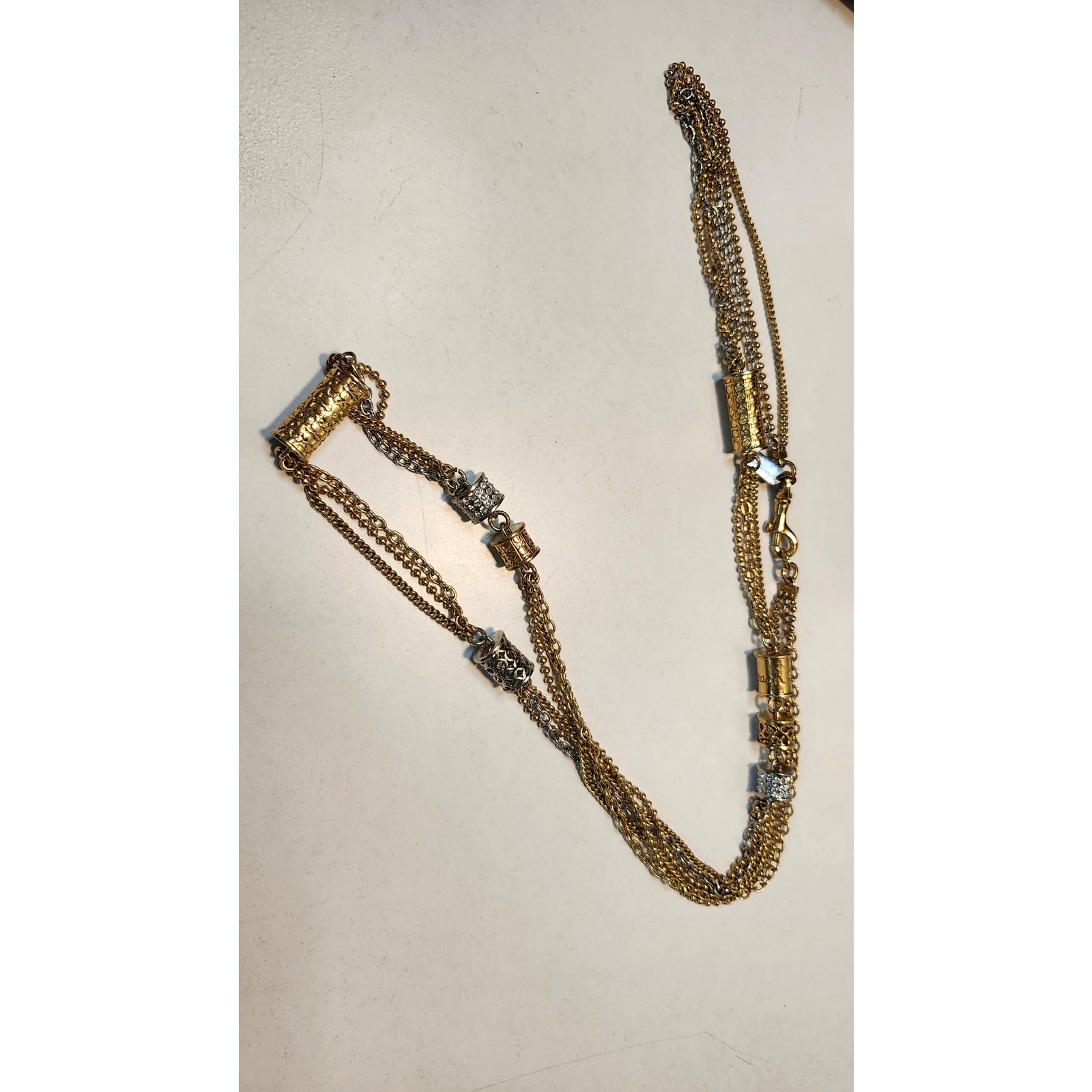 Coach Multi Strand Cylinder Long Station Statement Necklace Two Tone Pave Chain
