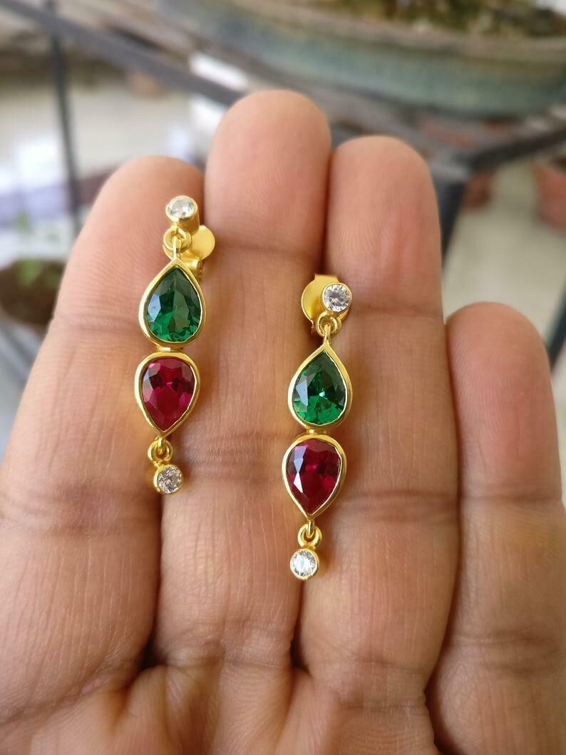 4Ct Pear Cut Simulated Pink Ruby & Emerald Drop Earrings 14K Yellow Gold Plated