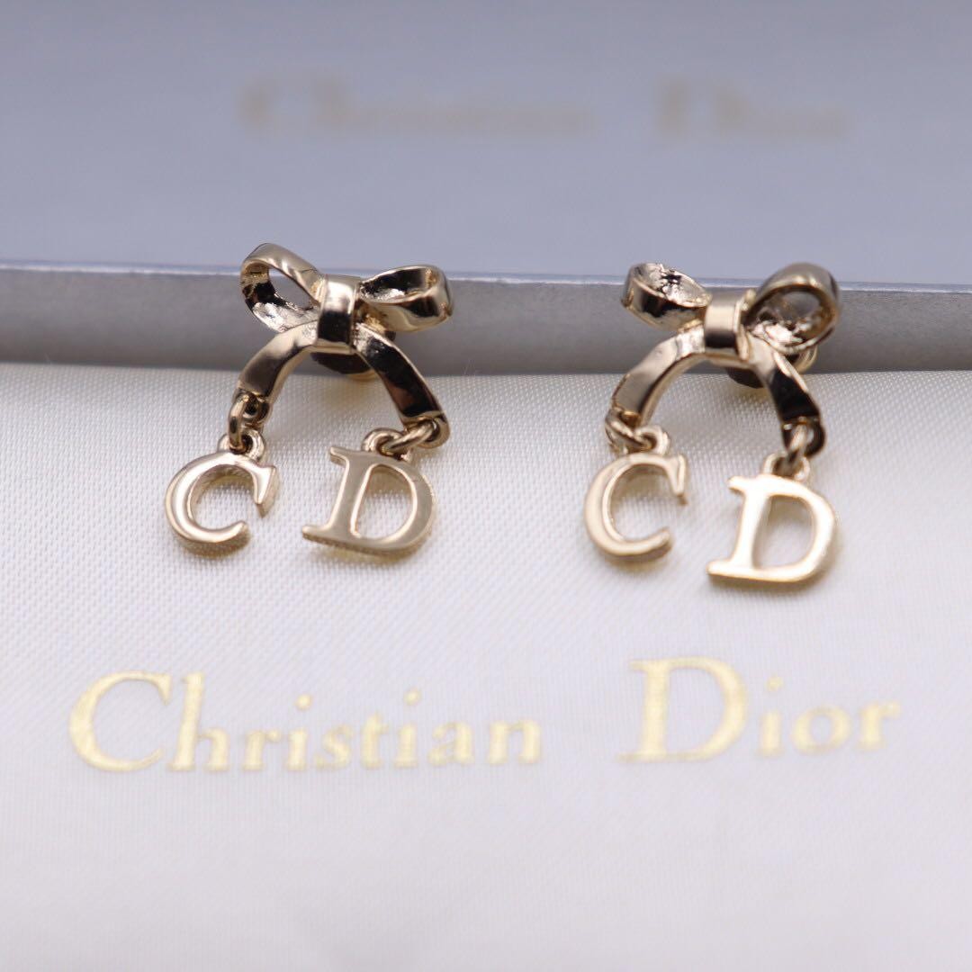 Christian Dior Bow CD Logo Earrings Rose Gold Vintage Rare Authentic Excellent