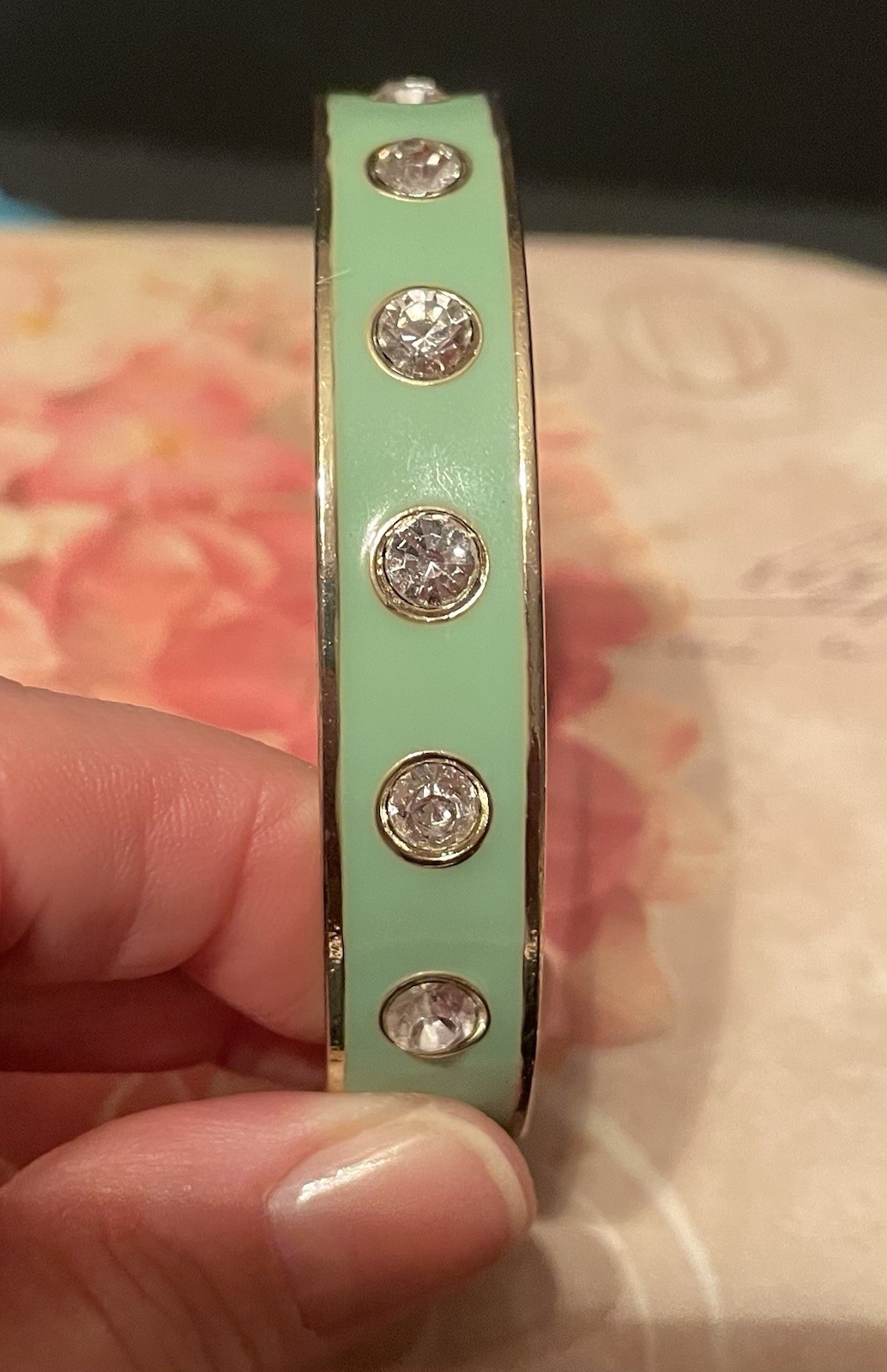 Green Enamel Bangle Bracelet Bezel-Set Round Clear Crystal Accents Gold