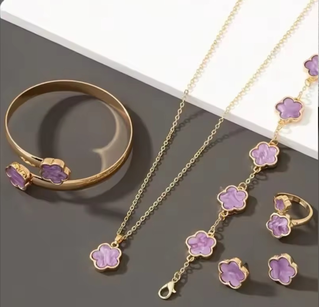 Gold Plated Purple Clover Flower Jewelry Set Necklace Bracelet Earrings Ring 8