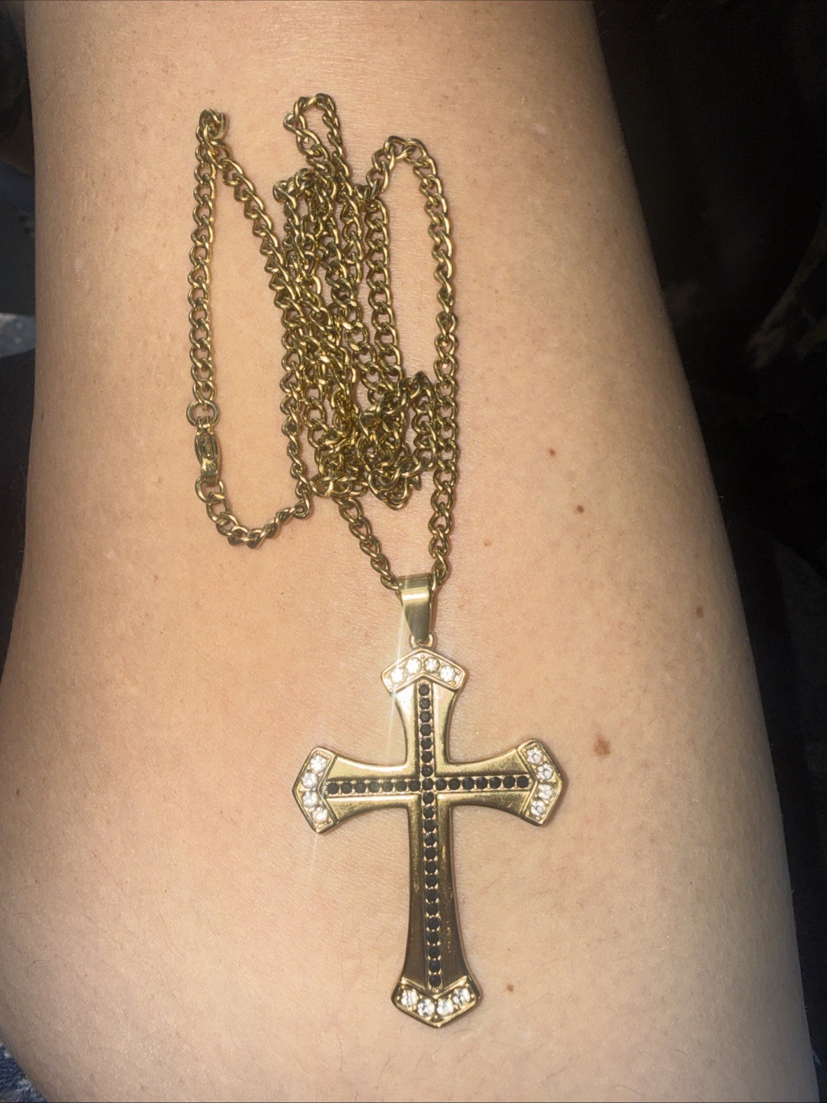 Stainless Cross With Chain Steel Gold-Tone With Cubic And Blk Stones