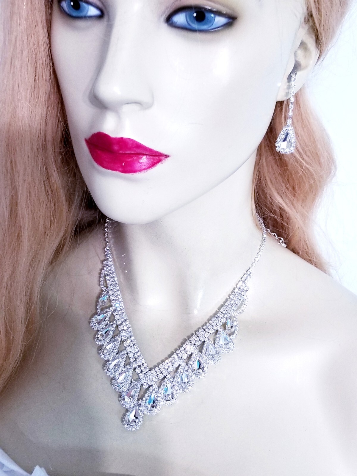 Clear Rhinestone Necklace Earring Set Bridal Prom Pageant Statement Drag Queen