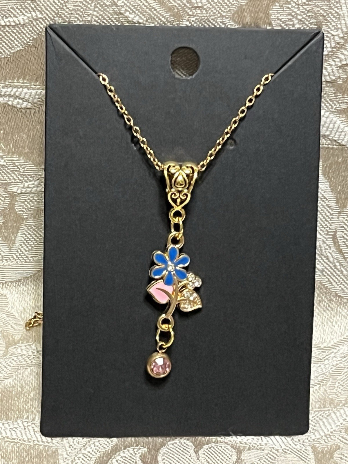 Retro Floral Gem Enamel Pendant Gold 18” Necklace Bohemian Floral Novelty