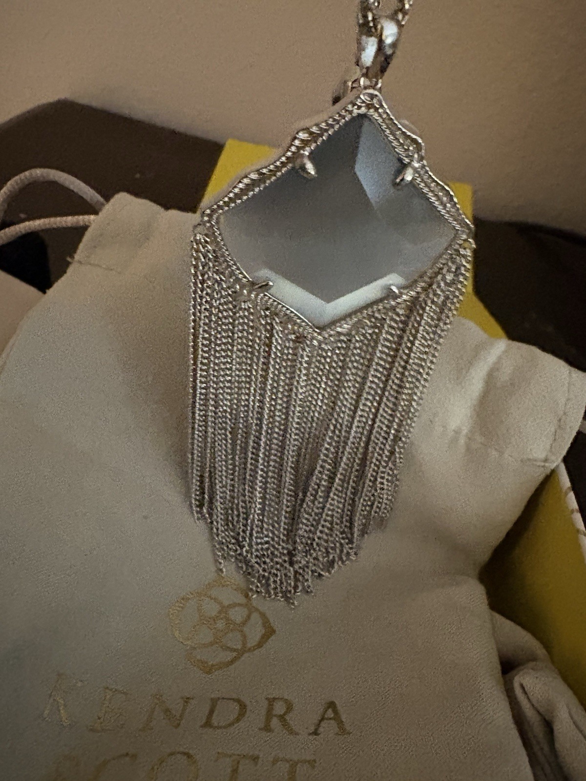 Kendra Scott Silver Tone Chain Necklace Tassel Fringe Pendant Gray Stone