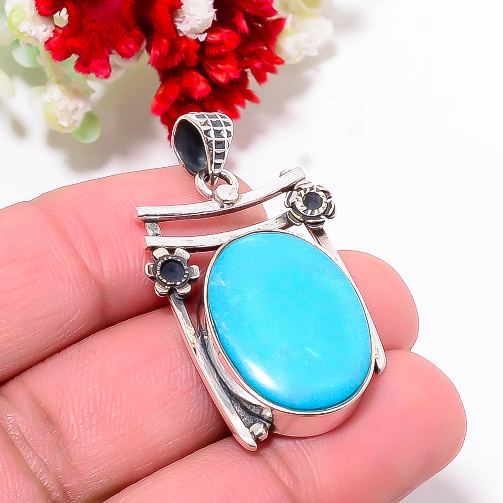 Magnesite Turquoise Designer Handmade 925 Sterling Silver Pendant 1.5″ P46611995
