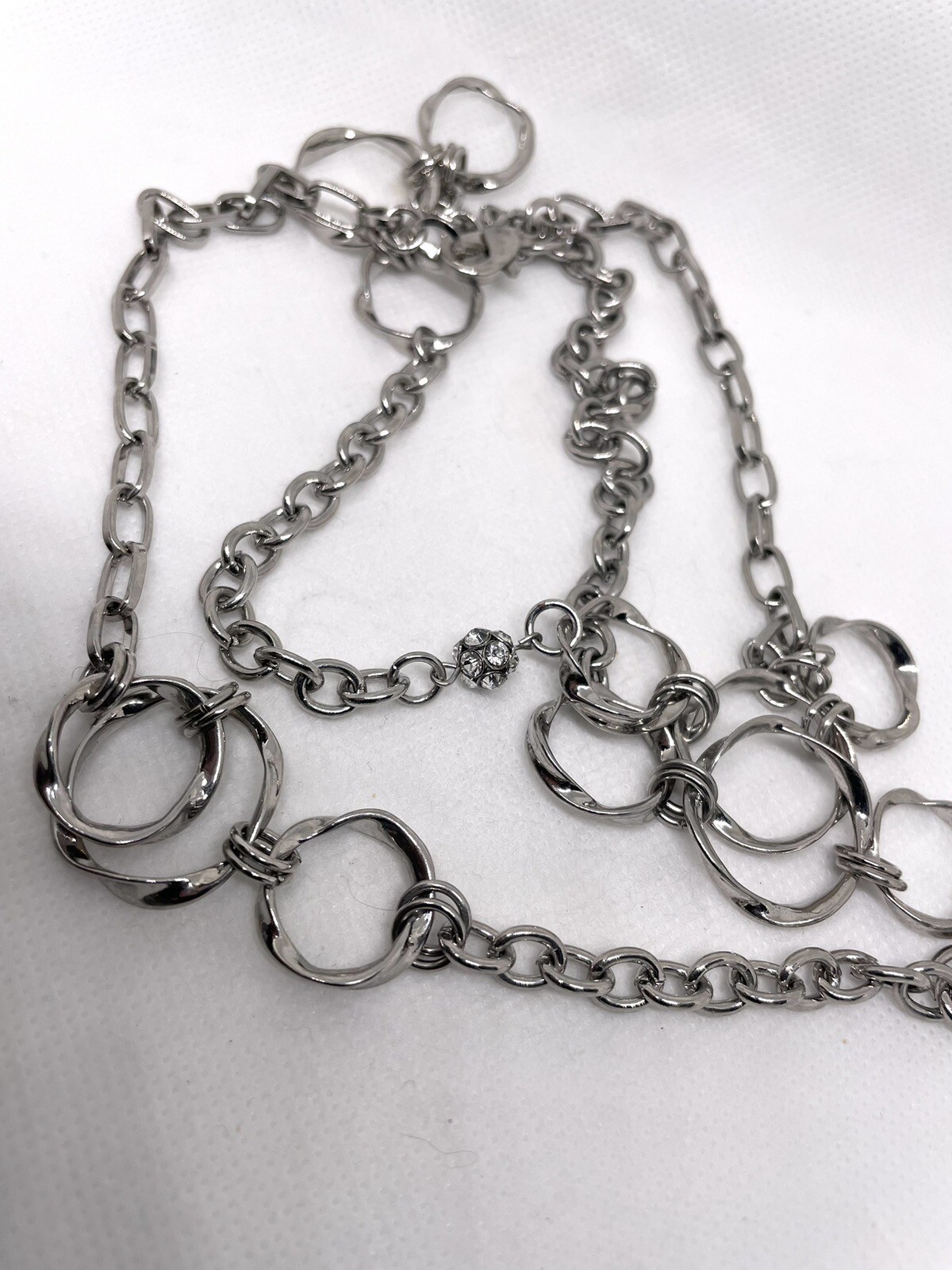 Silver Tone Three Twisted Wire Circles & Crystal Pave Beaded Station Necklace