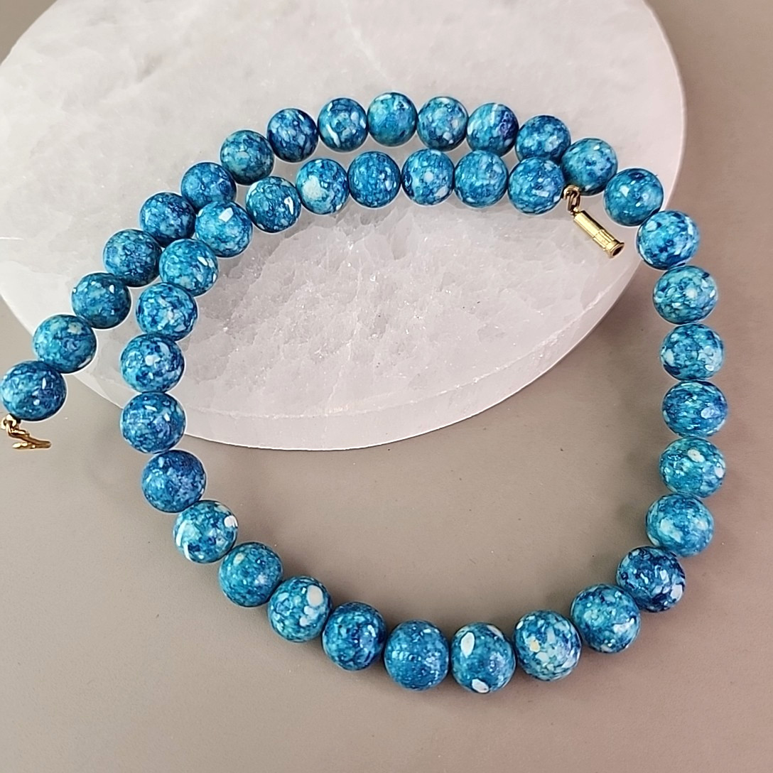 Stone Beaded Necklace 10mm Blue Speckled Composite 16″