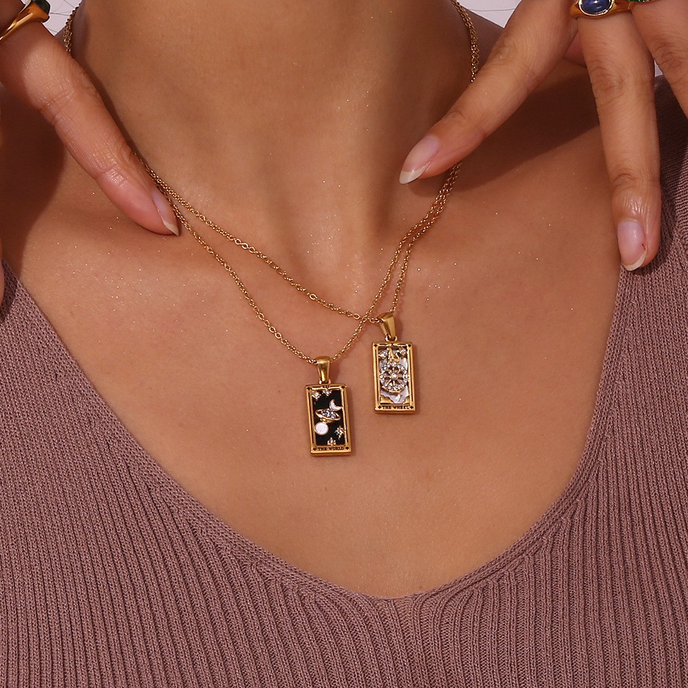Tarot Card Rectangular Stainless Steel Enamel Zircon Fashion Pendant Necklace