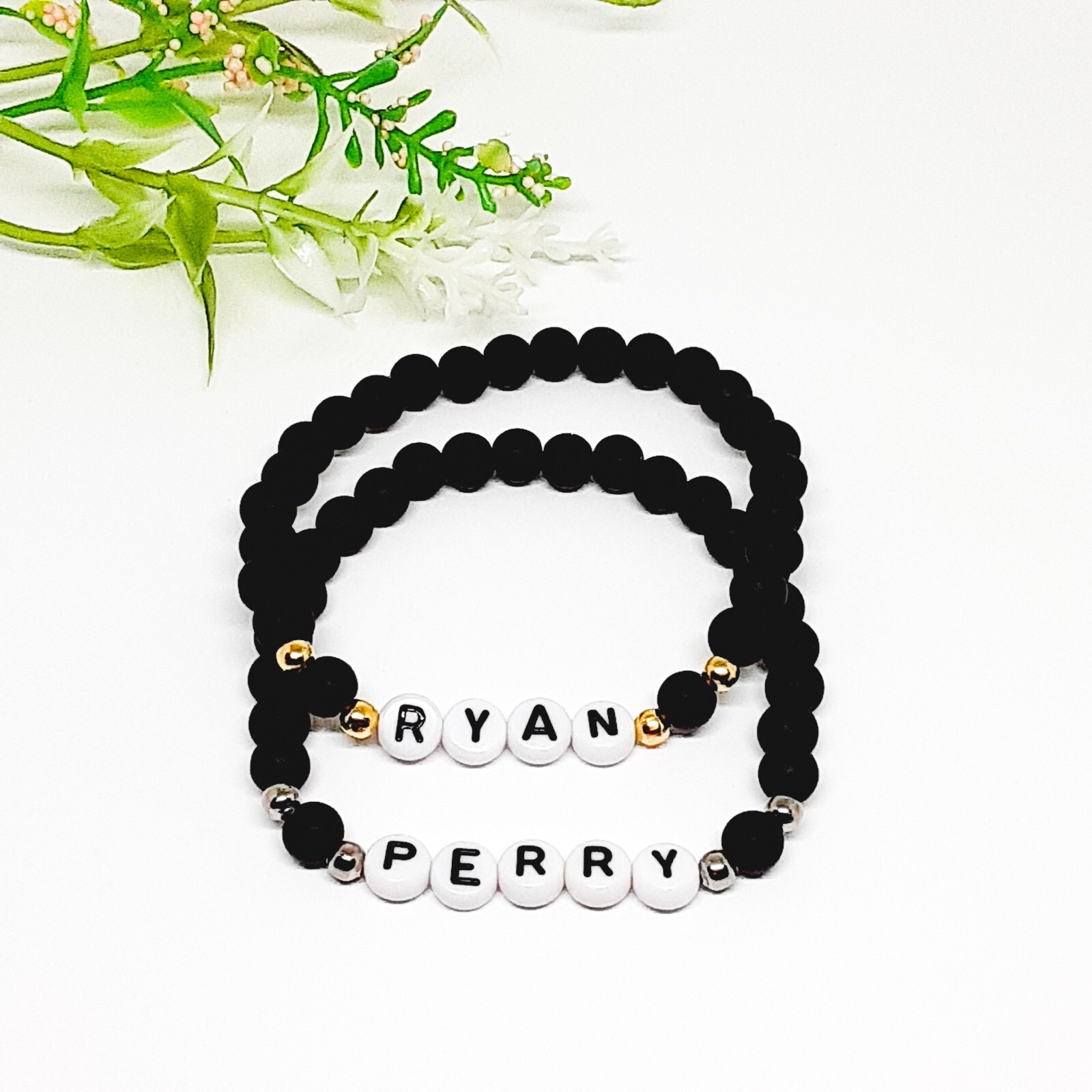 Matte Black Personalized Custom Name or Word Beaded Stretch Bracelet. Unisex