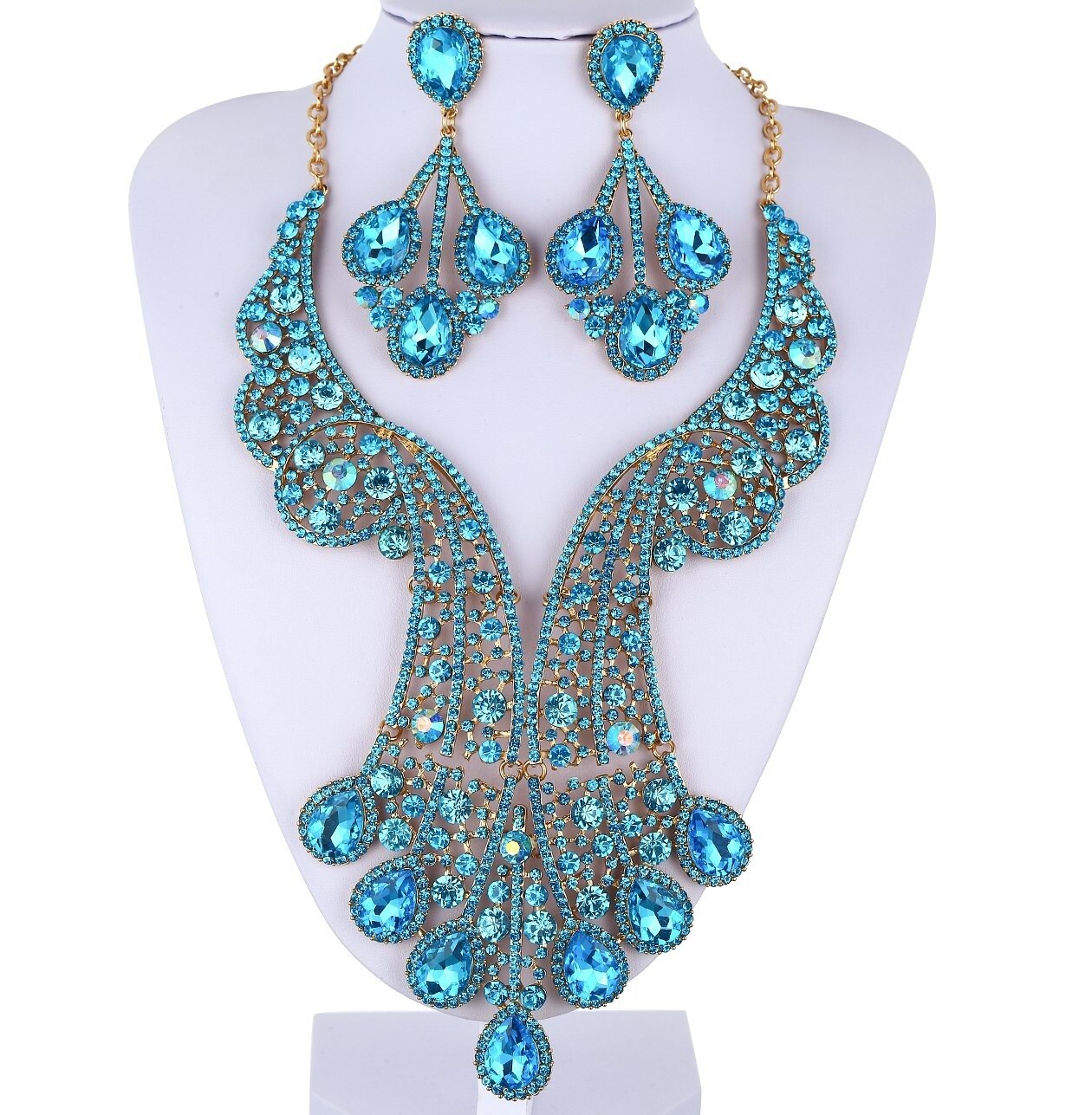 Peacock Teal Austrian Rhinestone Crystal Statement Necklace Earrings Set N820T