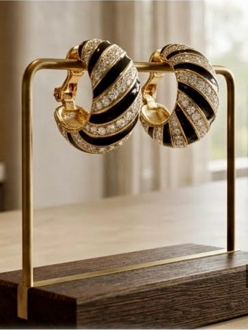 Gold and Black Enamel Swirl Crystal Hoop Earrings by Ciner Princess Diana #102