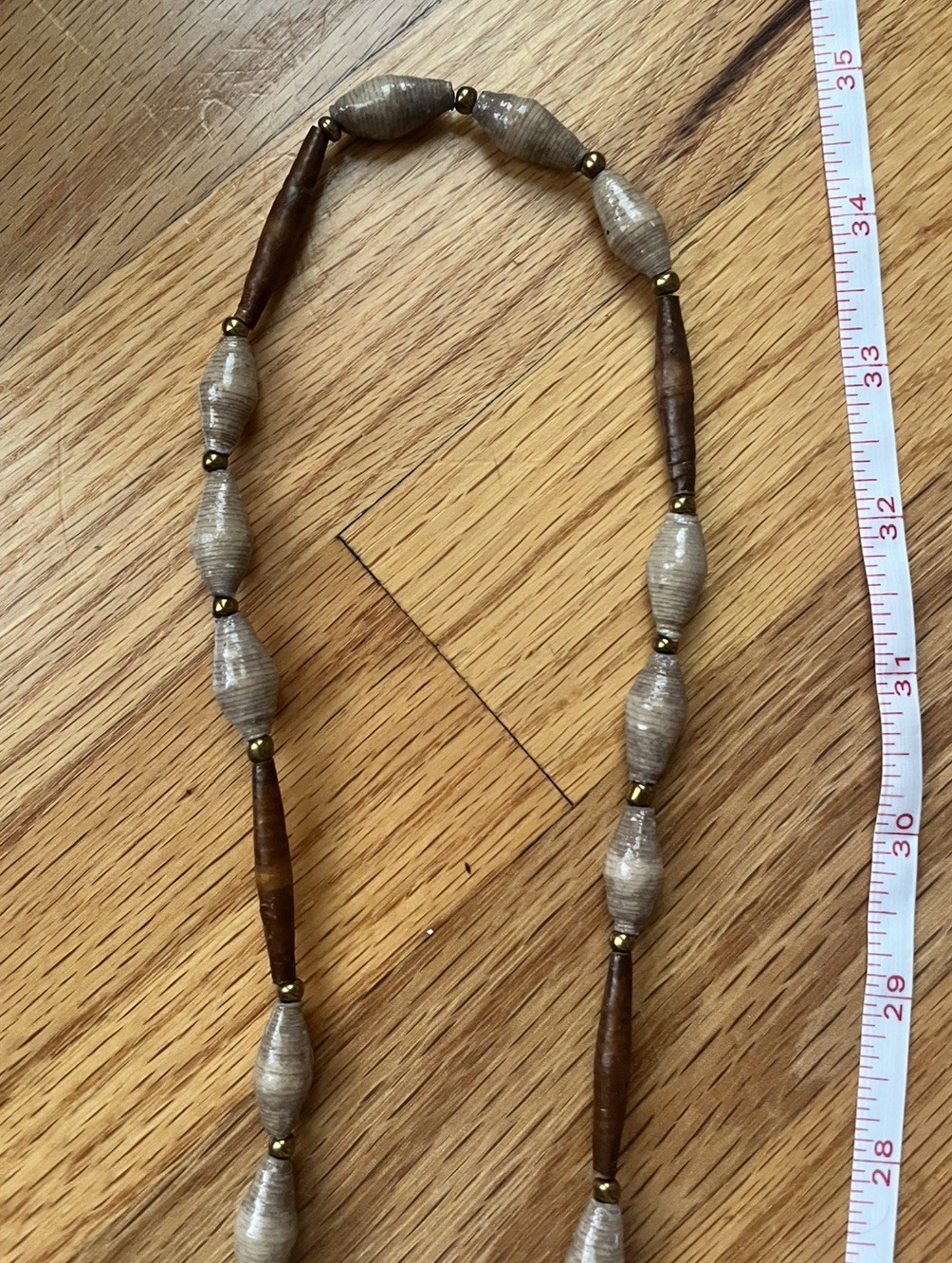 African Paper Bead Necklace Long tan Eco Friendly boho artisan Handmade