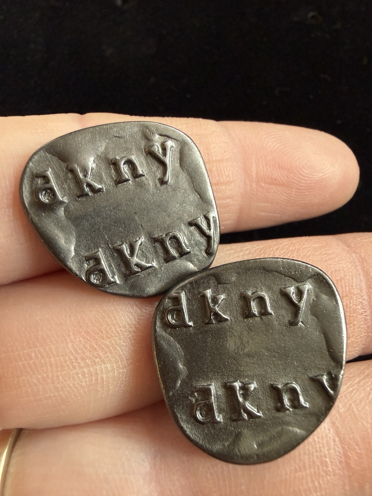 Vintage DKNY Silver Tone Logo Clip On Earrings 1990s Signed