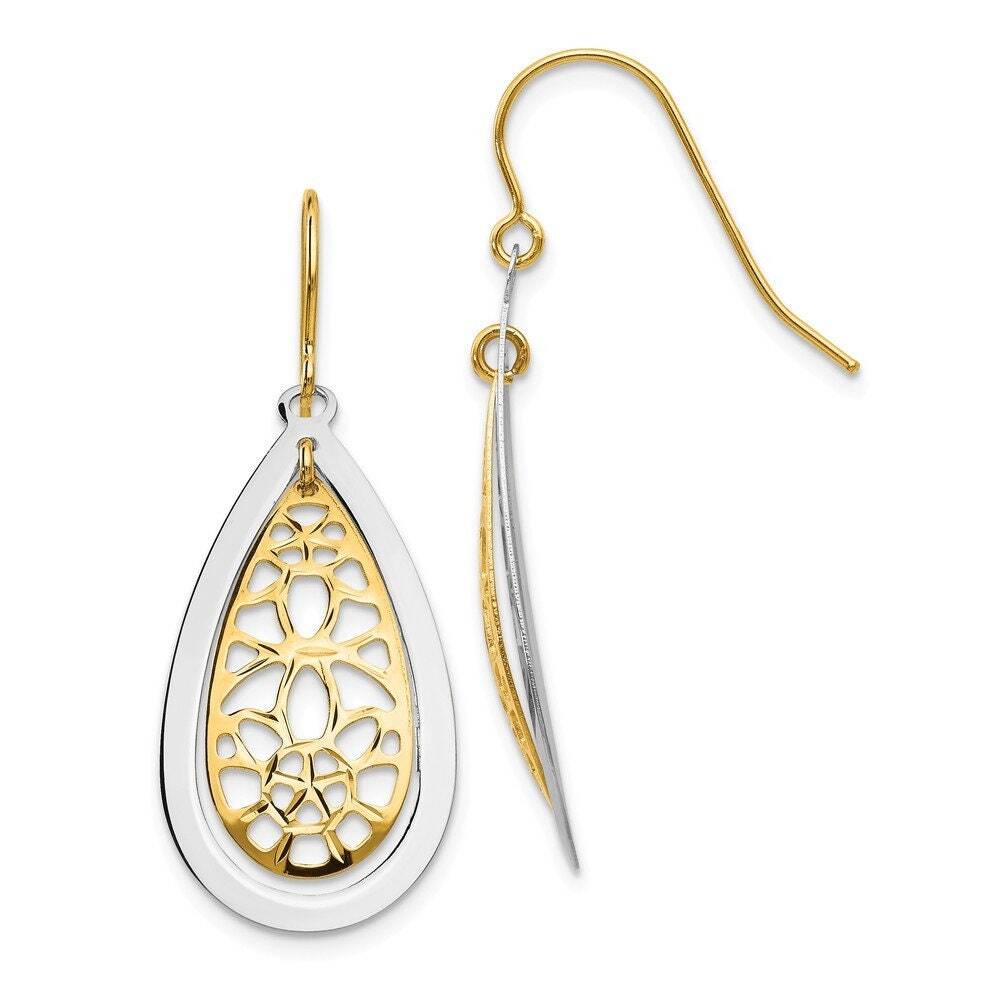 14k Two Tone Gold Filigree Teardrop Dangle Hook Earrings – 38x15mm – Art Deco