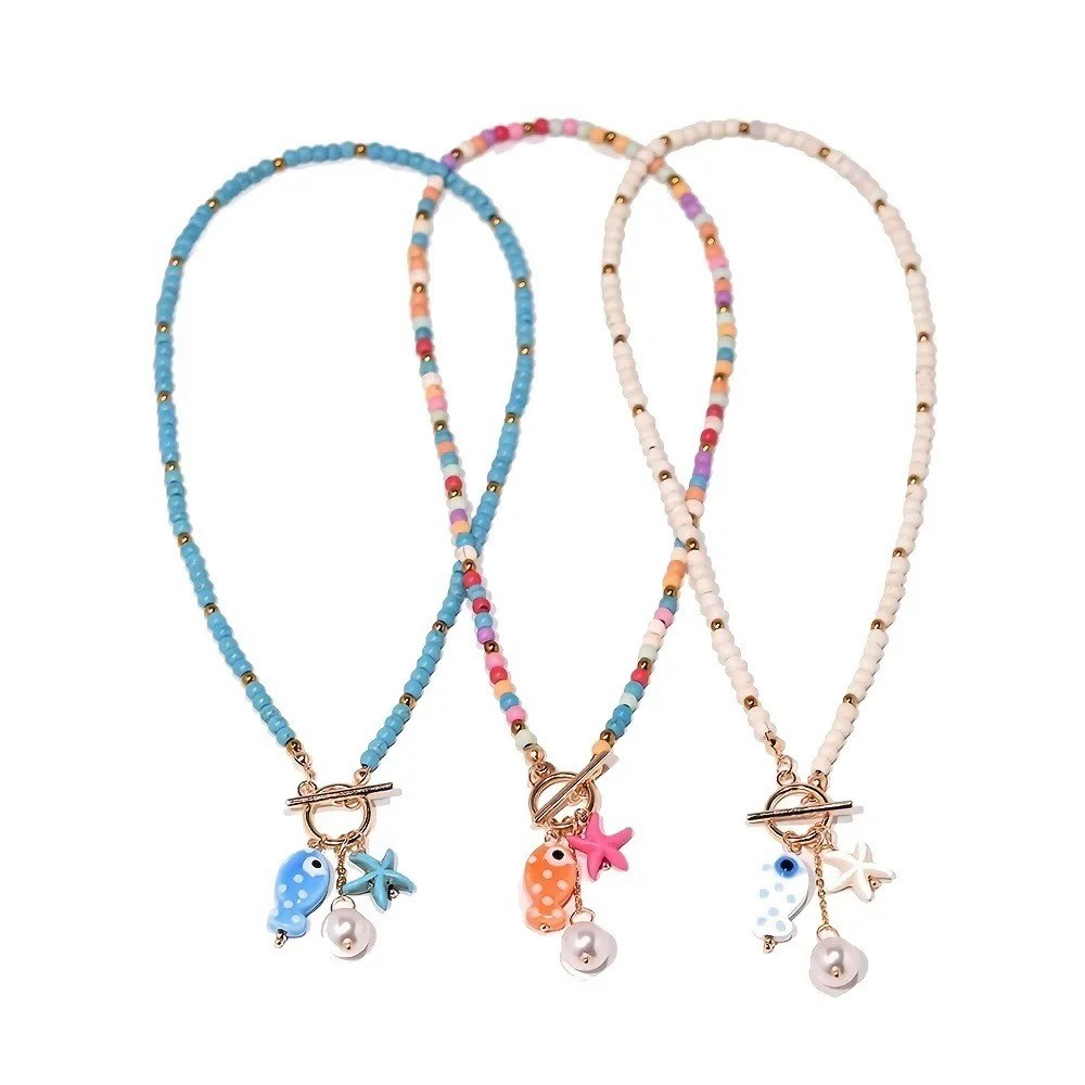 Boho Starfish beach Necklace Handmade Beaded Pearl Ceramic Fish Pendant Women