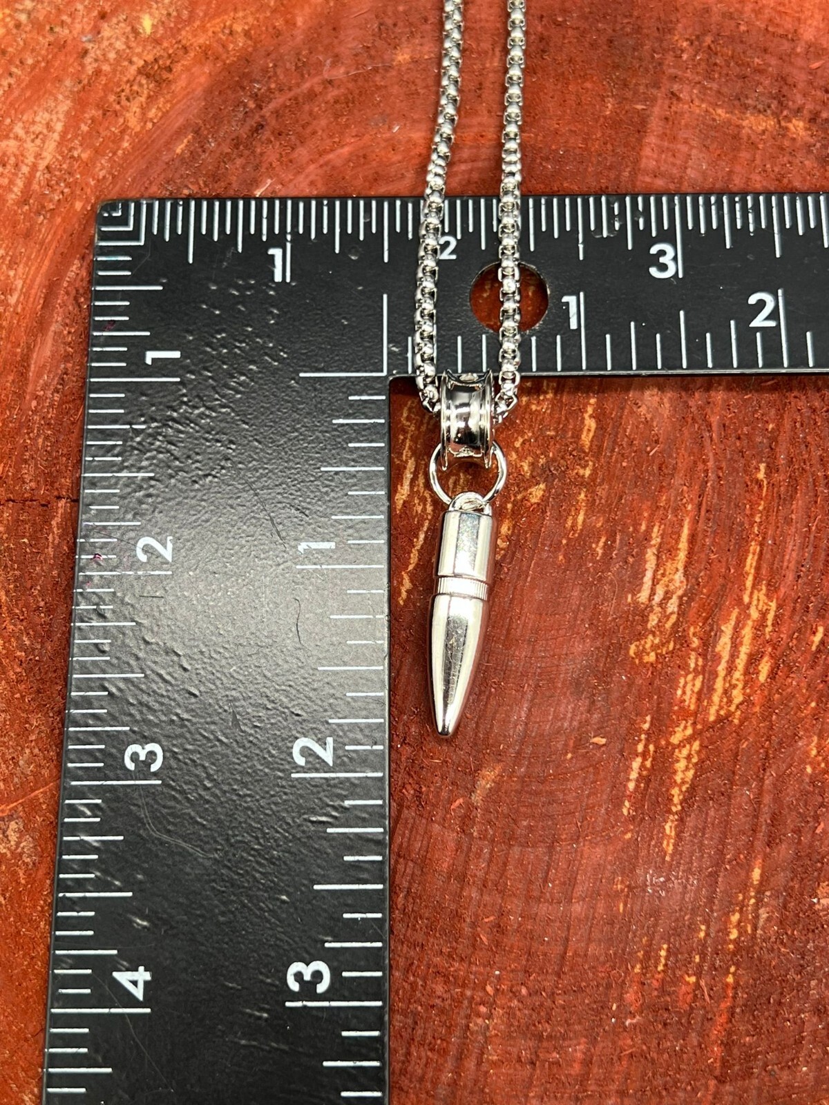 Stainless Steel Bullet Pendant Necklace 28” With Artificial Gemstone Inlay