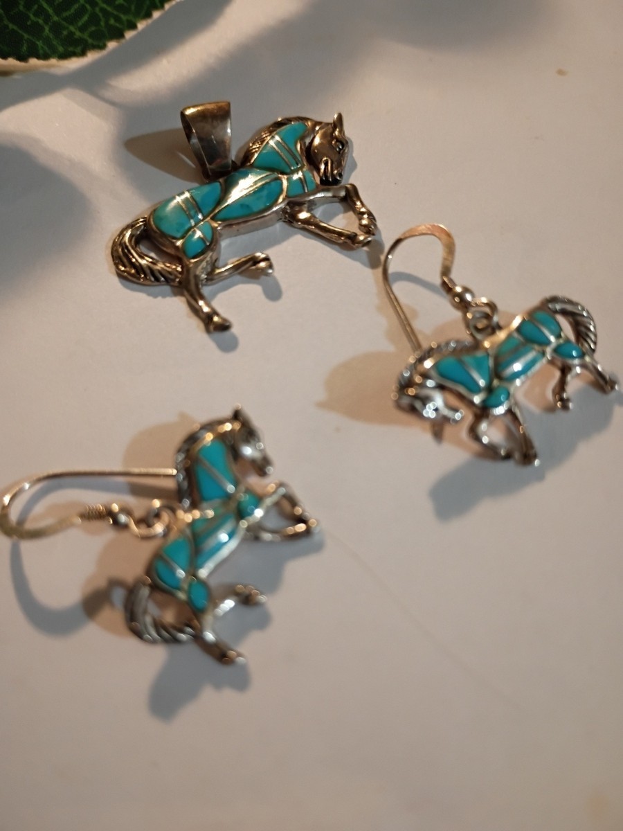 Vintage Mexican 925 Sterling Silver Turquoise Inlay Horse Pendant & Earrings Set