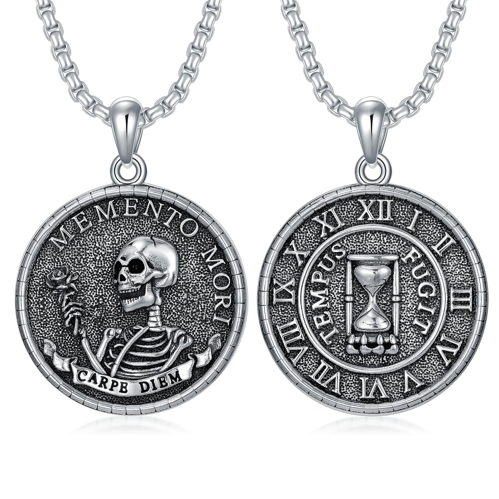 Memento Mori Necklace 925 Sterling Silver Skull Coin Necklace Carpe Diem Stoi…