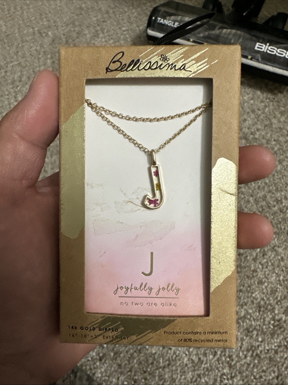 BELLA UNO Bellissima Gold-Plated ‘J’ Initial Necklace with Pink Accent NEW