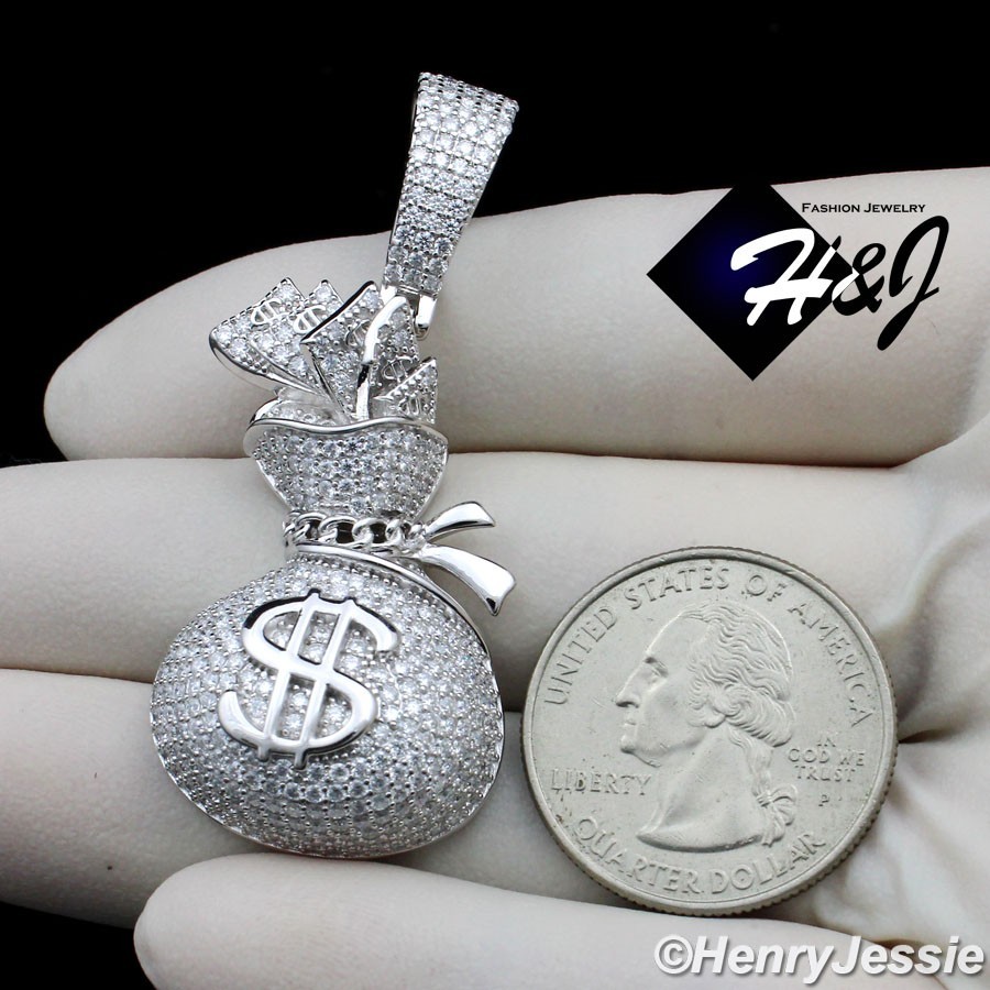 MEN SOLID 925 STERLING SILVER ICY MOISSANITE 3D $ SIGN MONEY BAG PENDANT*MP561