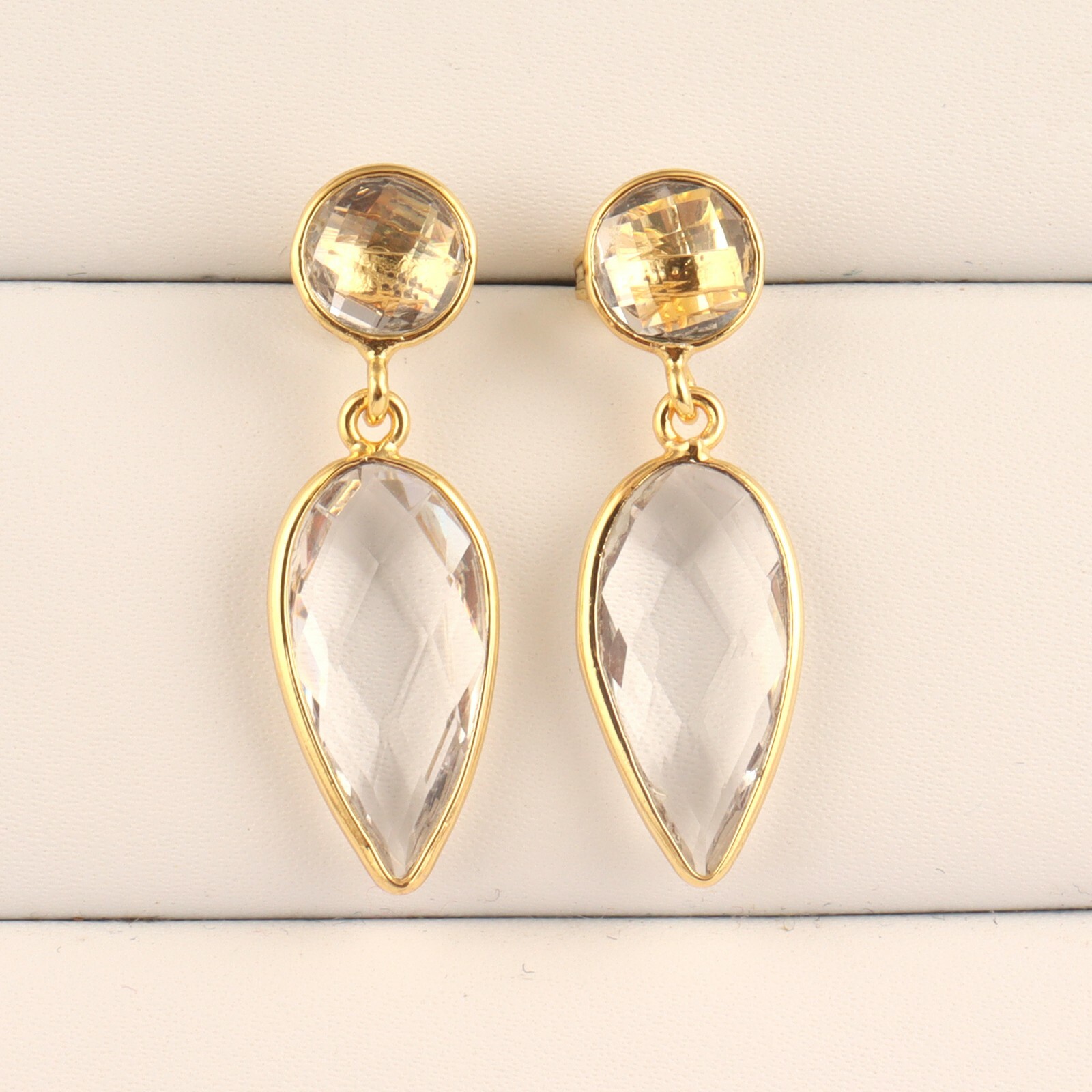 Latest Design Round Pear Hydro Quartz Gold Plated Bezel Set Drop Dangle Earrings