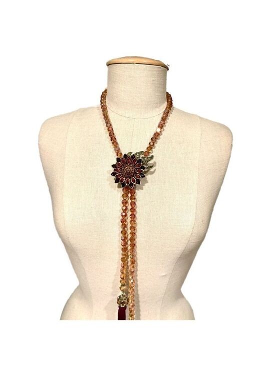 BOHO LUXE Golden Sunflower Crystal Lariat Necklace Miss Mandy’s Exclusive NWOT