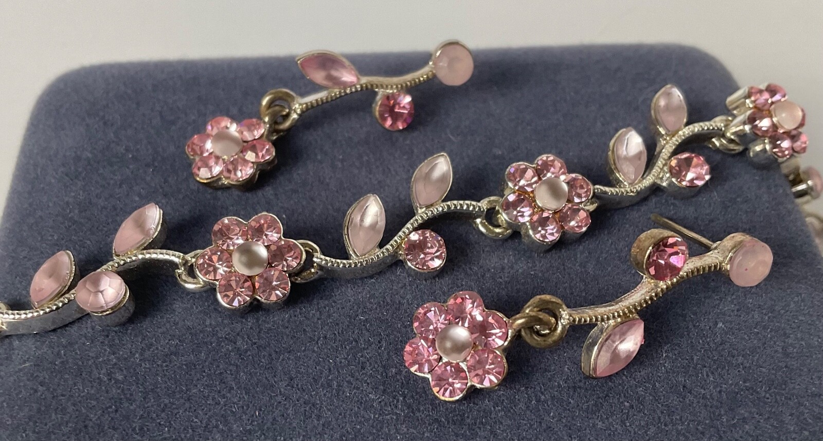 Pink Crystal Floral Flower Bracelet & Dangle Earrings Set Silver Tone Base