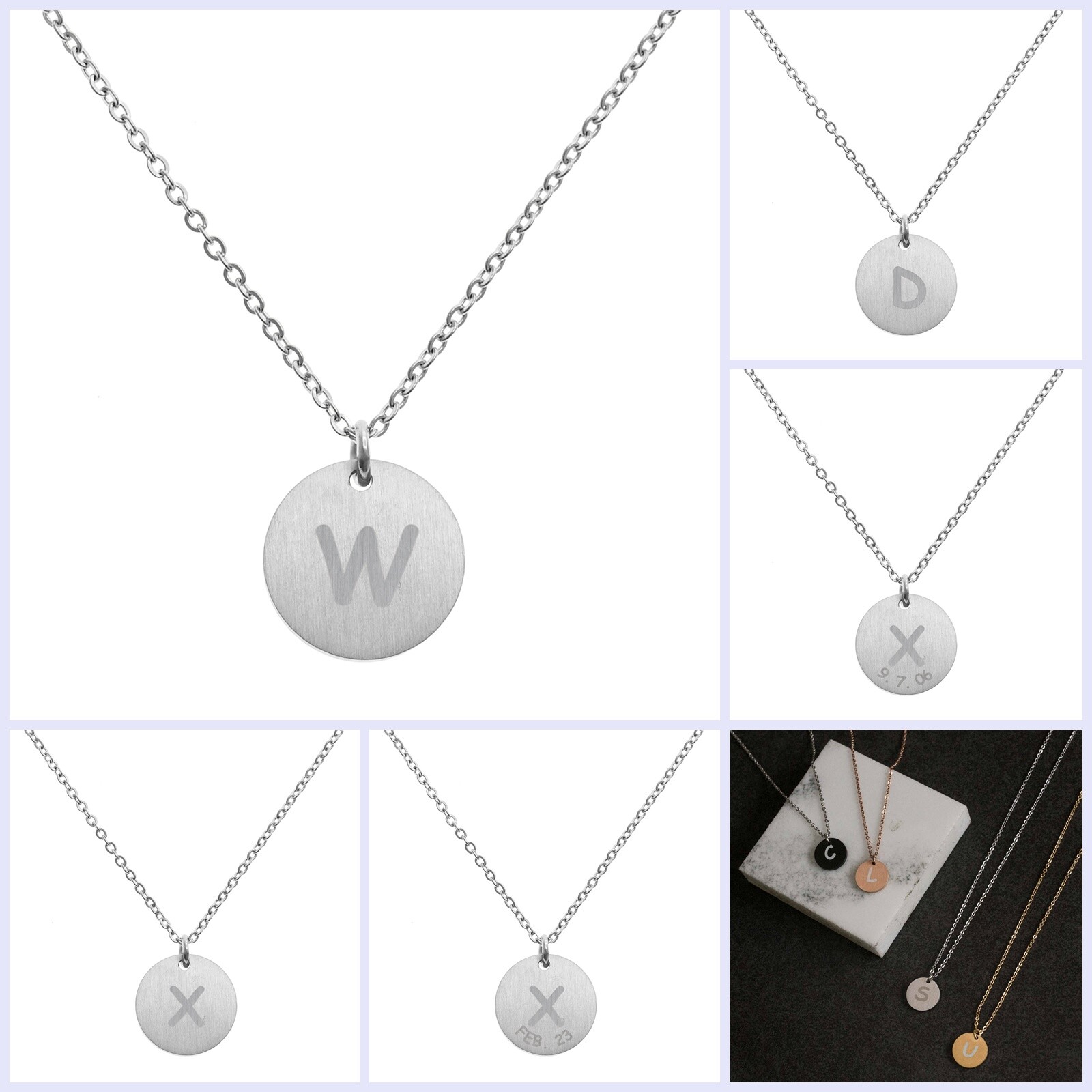 Engraved Silver Metal Initial Letter Disc Pendant Chain Necklace 18.5in-2.5in