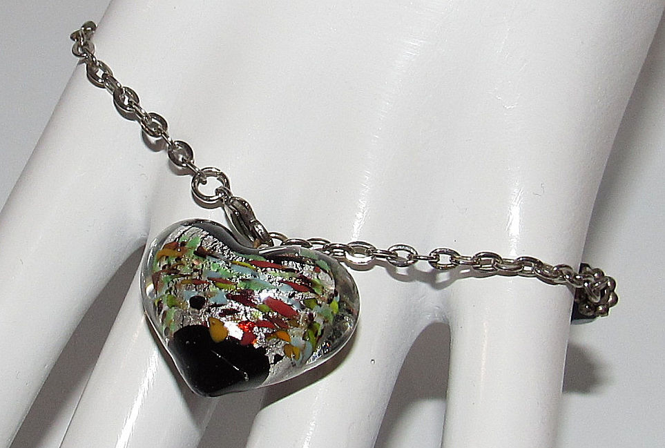 Murano Venetian Glass Foil Puffed Heart Pendant Charm Bracelet 7″ – 9″