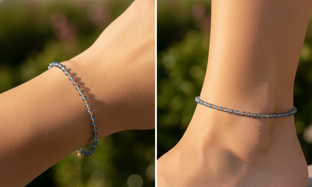 Elegant Minimalist Beaded Boho Anklet Sapphire Blue Stone Gold Color Plated