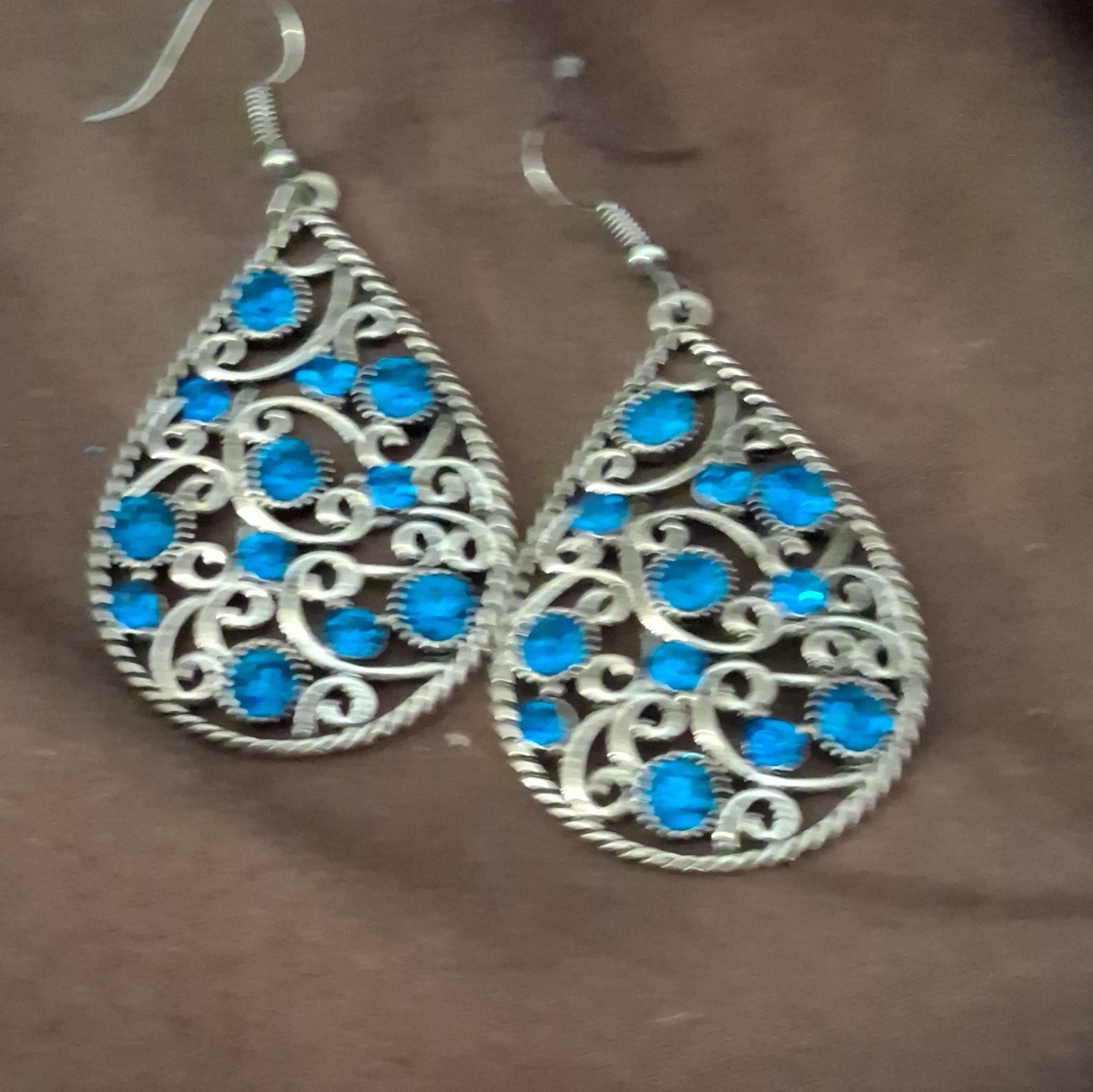 Earrings Lot: Silver Tone Metal Hoop & Blue Dangle/Drop Teardrop, Latch Back
